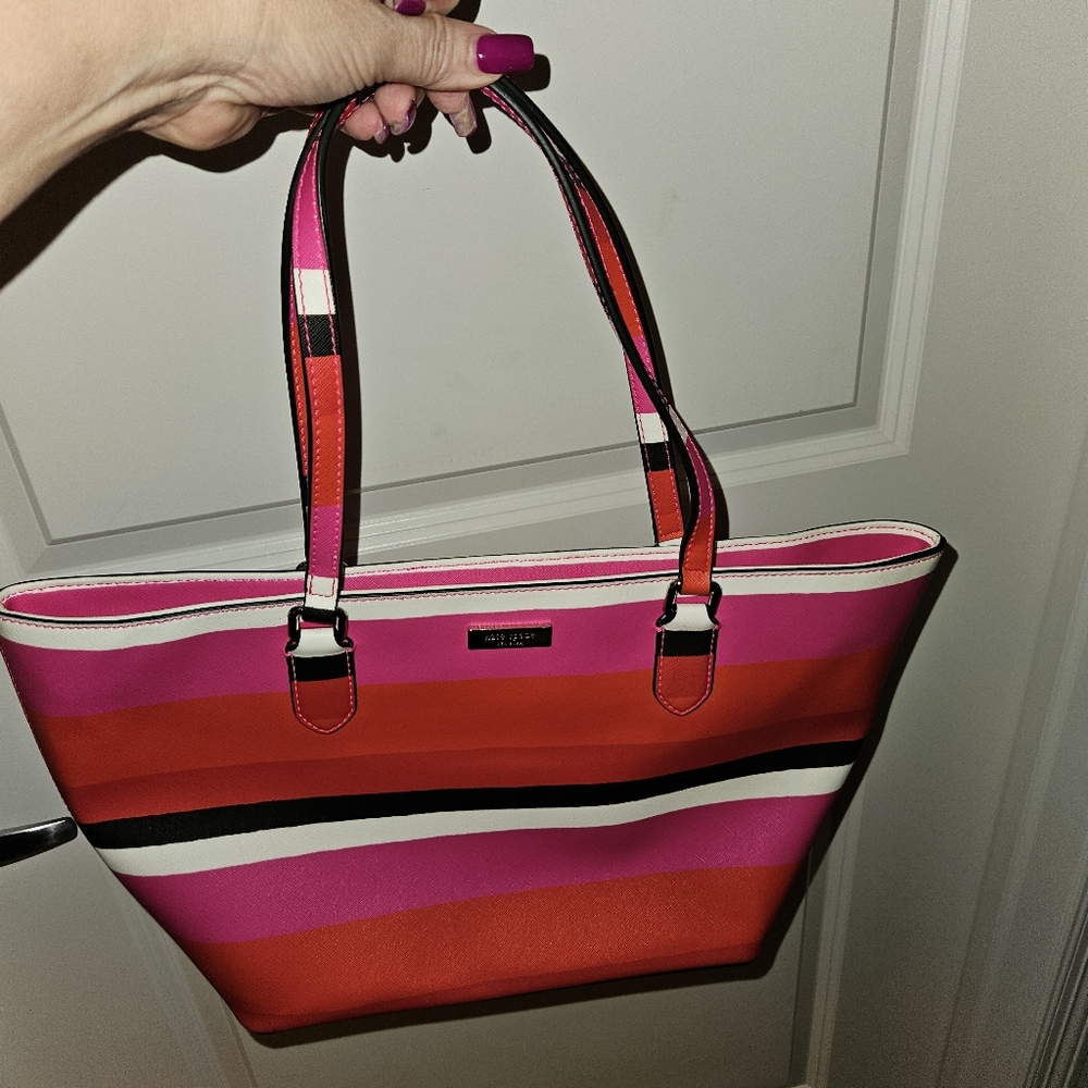 kate spade Stylish Pink and Red Striped Tote Bag